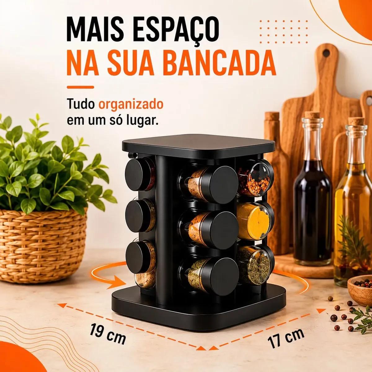 Porta Temperos Giratório 360° com 12 Potes de Vidro 85ml