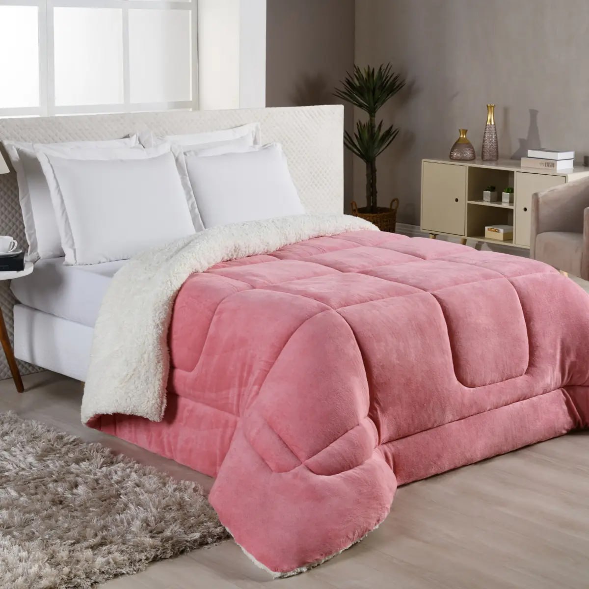 Edredom Sherpa Cobertor Casal Queen Grosso Rose