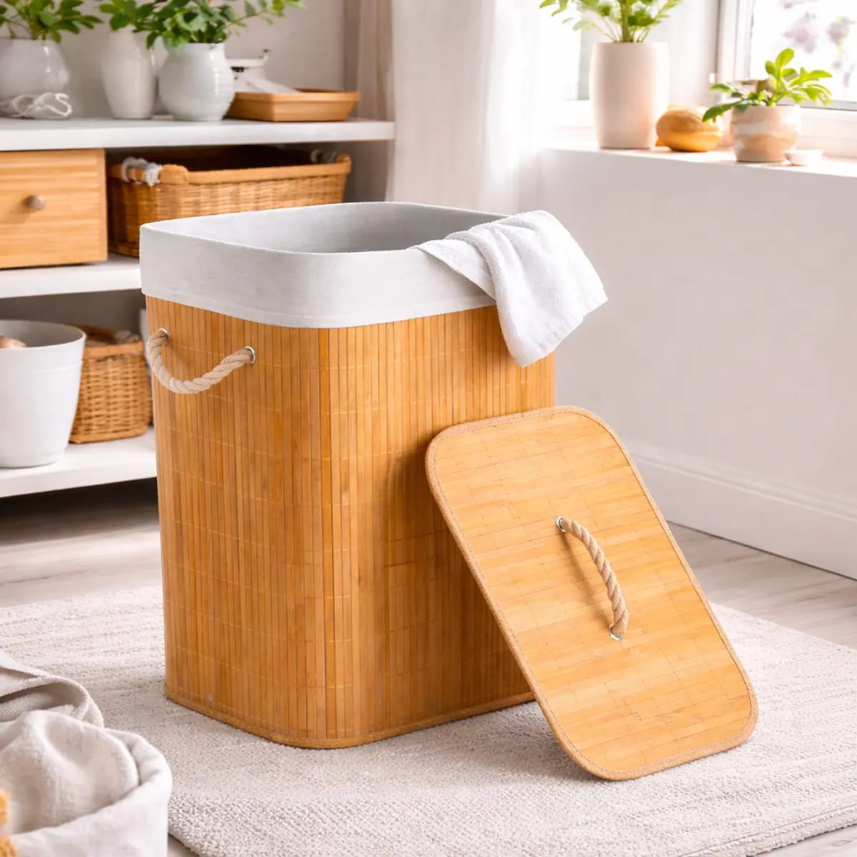 Cesto de Roupa Suja Bambu Dobrável com Tampa 72 Litros