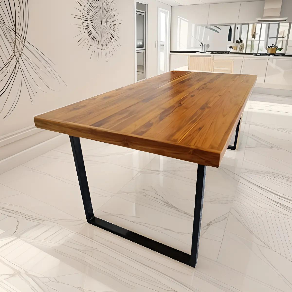 Mesa de Jantar Industrial Tampo Madeira Maciça 160x90cm Pés Preto