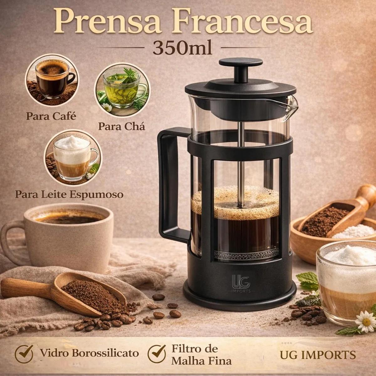 Prensa Francesa Vidro Preto 350ml Para Café e Chá
