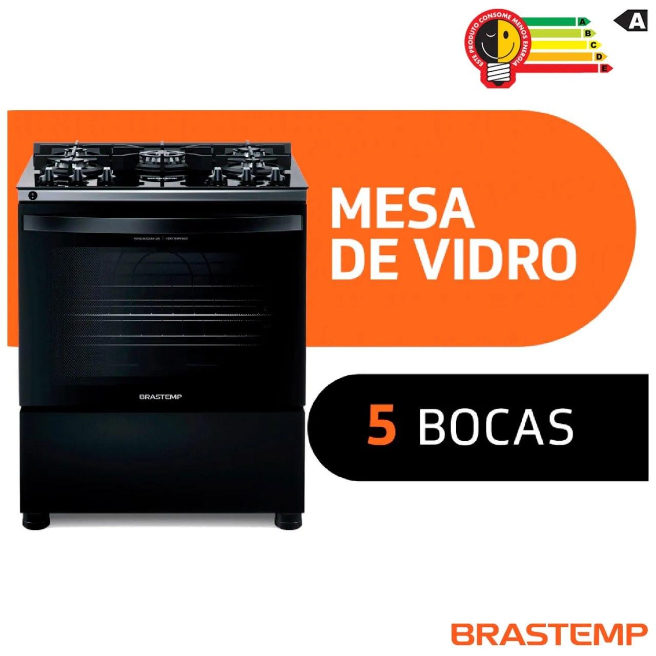 Fogão Brastemp 5 Bocas Bivolt com Mesa de Vidro e Turbo Chama BFS5VCE