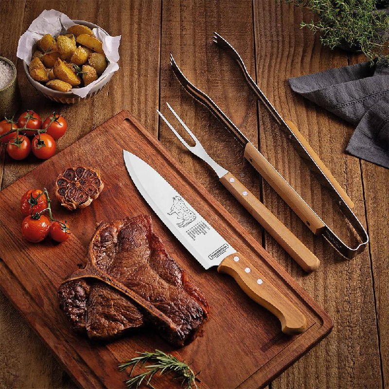 Jogo para Churrasco 3 Peças Tramontina Aço Inox e Madeira