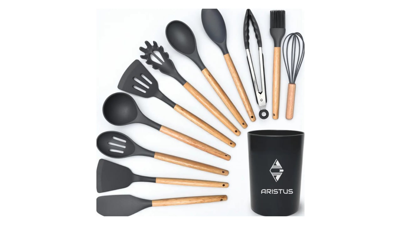Kit 12 Utensílios Cozinha Silicone Cabo Madeira