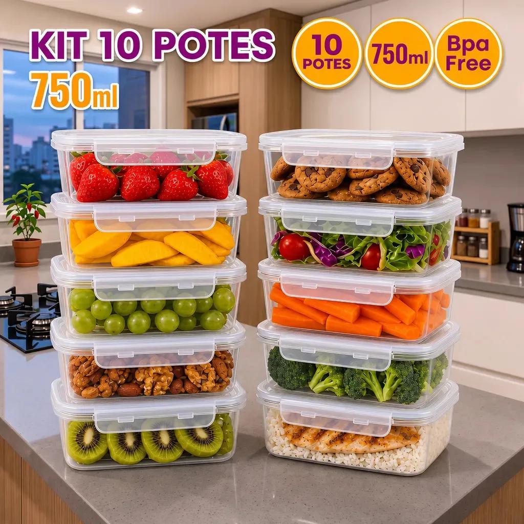 Kit 10 Potes 750ml com Tampa Trava Plástico