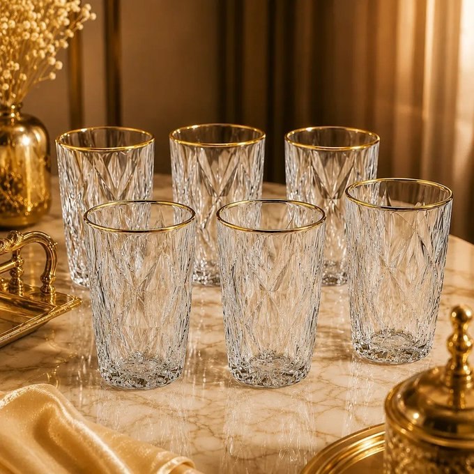 Jogo 6 Copos Diamond Borda Dourada 370ml
