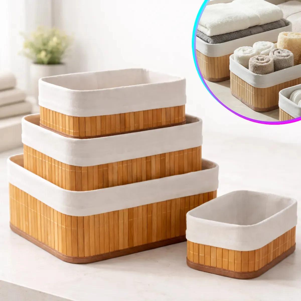Kit 3 Cestos Bambu Organizador com Forro Lavável Retangular