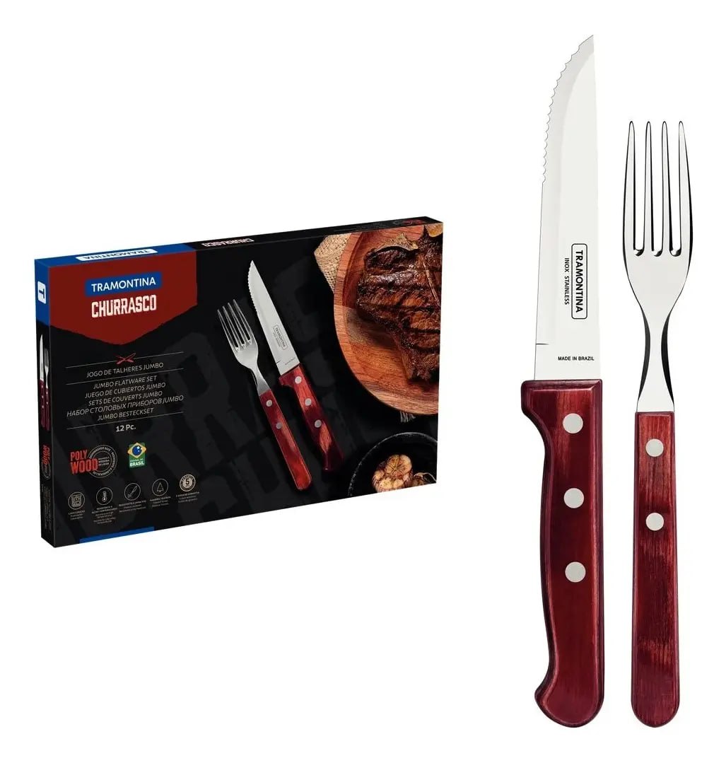 Jogo de Talheres Jumbo Churrasco Aço Inox Madeira 12 Peças Tramontina