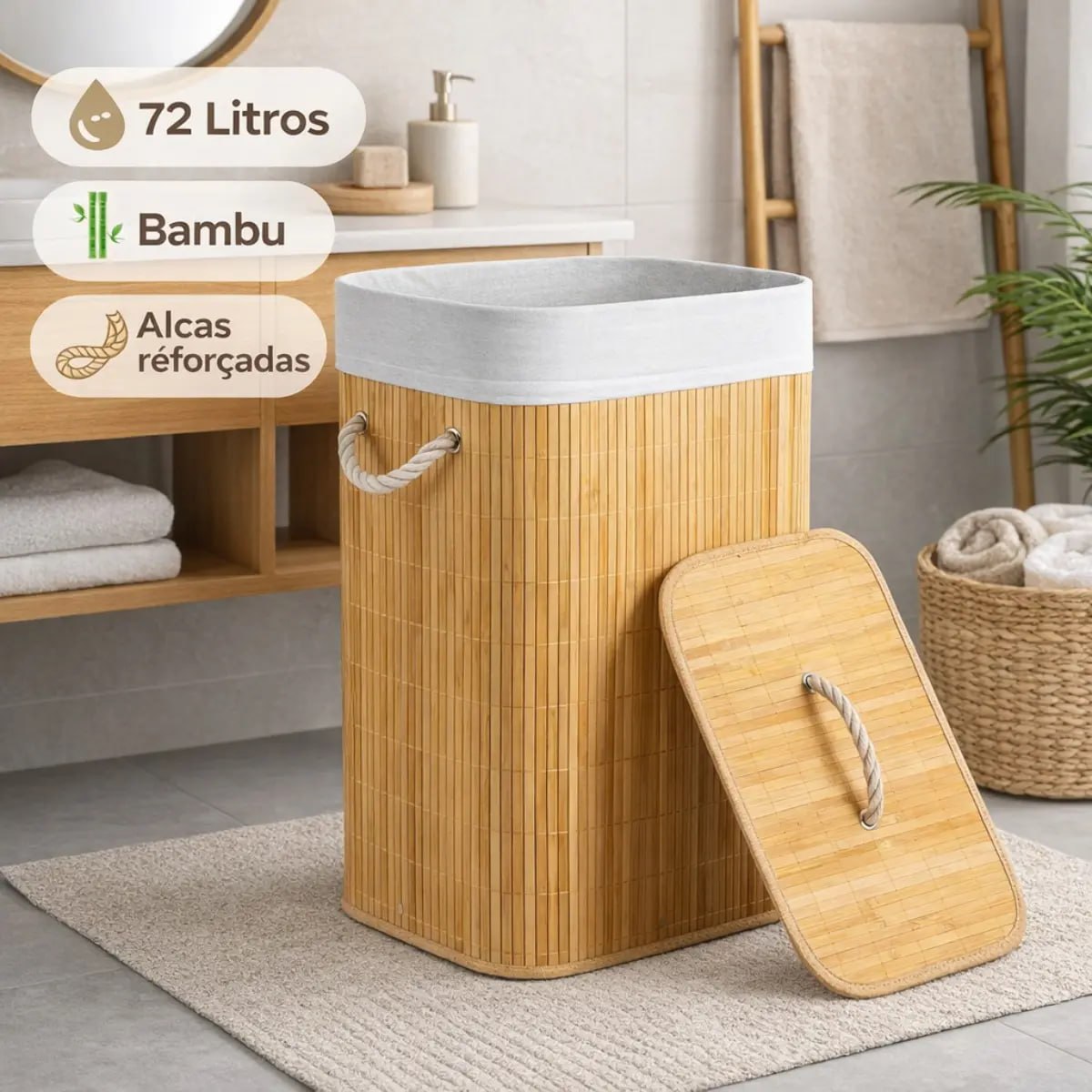 Cesto De Roupa Suja Bambu Dobrável Com Tampa 72 Litros
