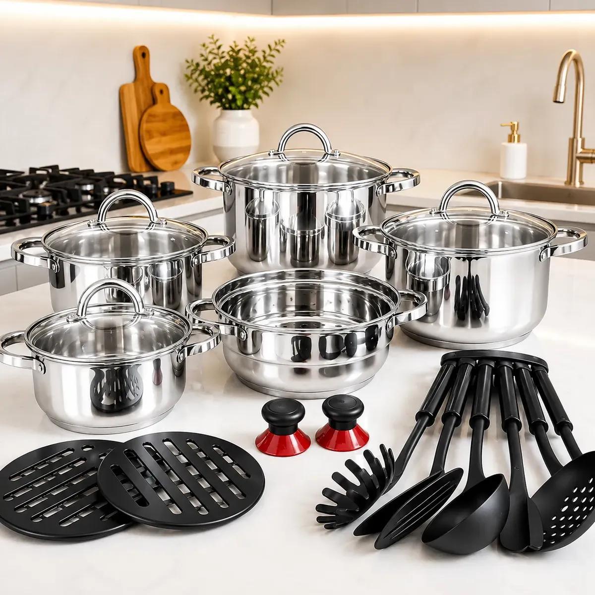 Jogo Panelas Inox 19 Peças Genebra Completo com Utensílios