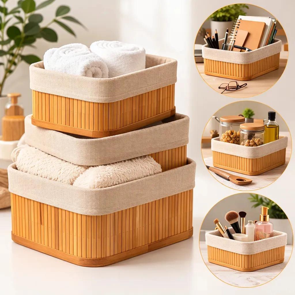 Kit 3 Cestos Organizadores de Bambu com Forro Lavável