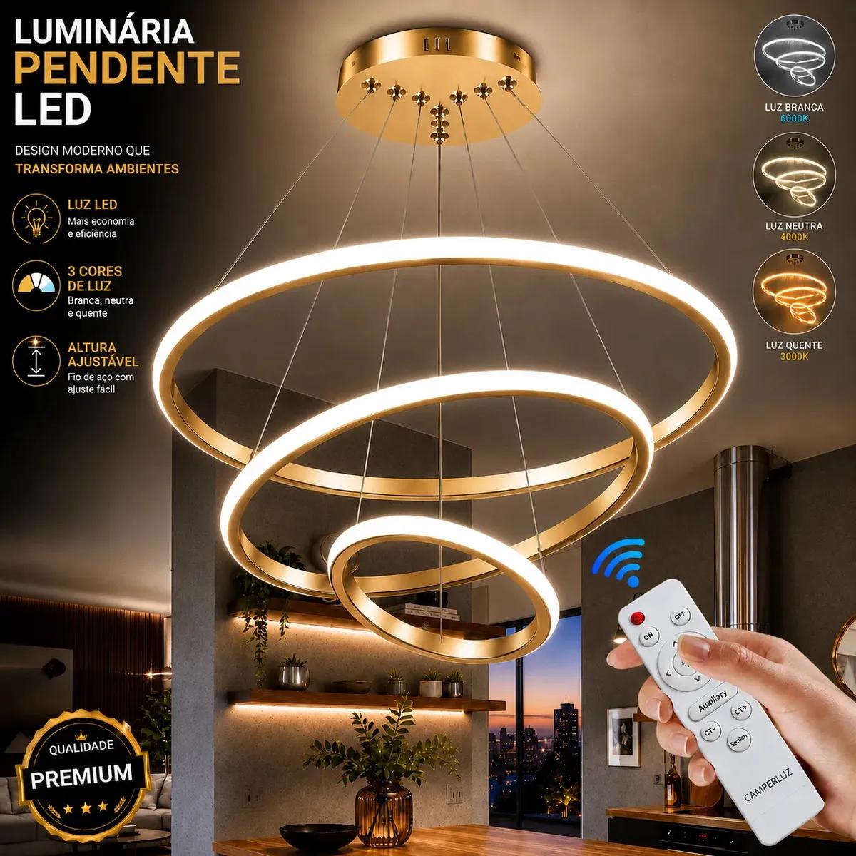 Lustre LED Sala Moderno 72W 3 Arcos Pendente Camperluz