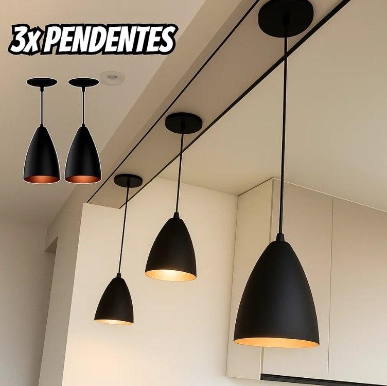 Kit 3 Luminárias Pendente Teto Vegas Alumínio Preto