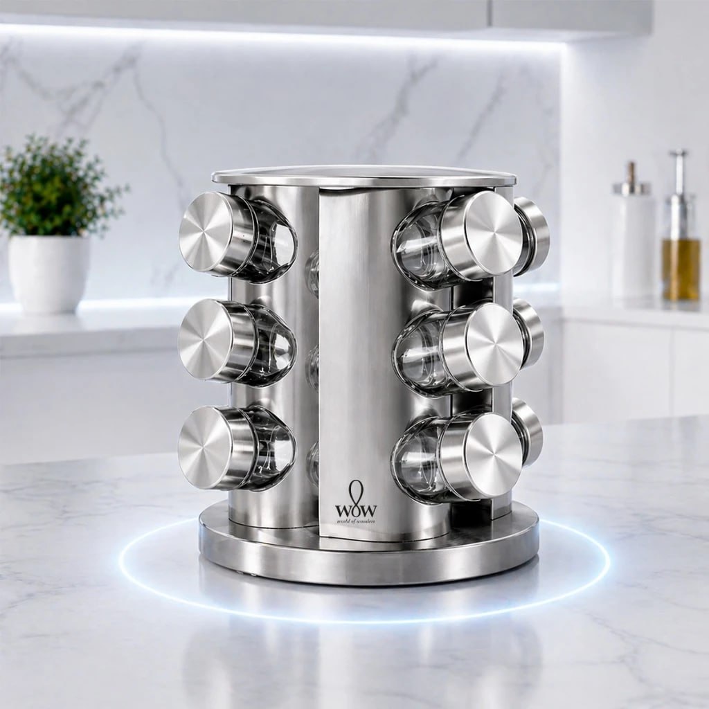 Porta Tempero Inox Giratório Vidro 12 Potes 360°