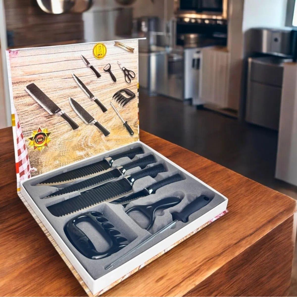 Kit 8 Peças Faca Cutelo Aço Inox Churrasco Preto