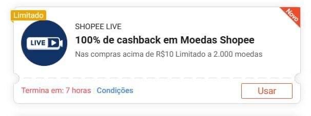 Cashback 100% em Moedas Shopee