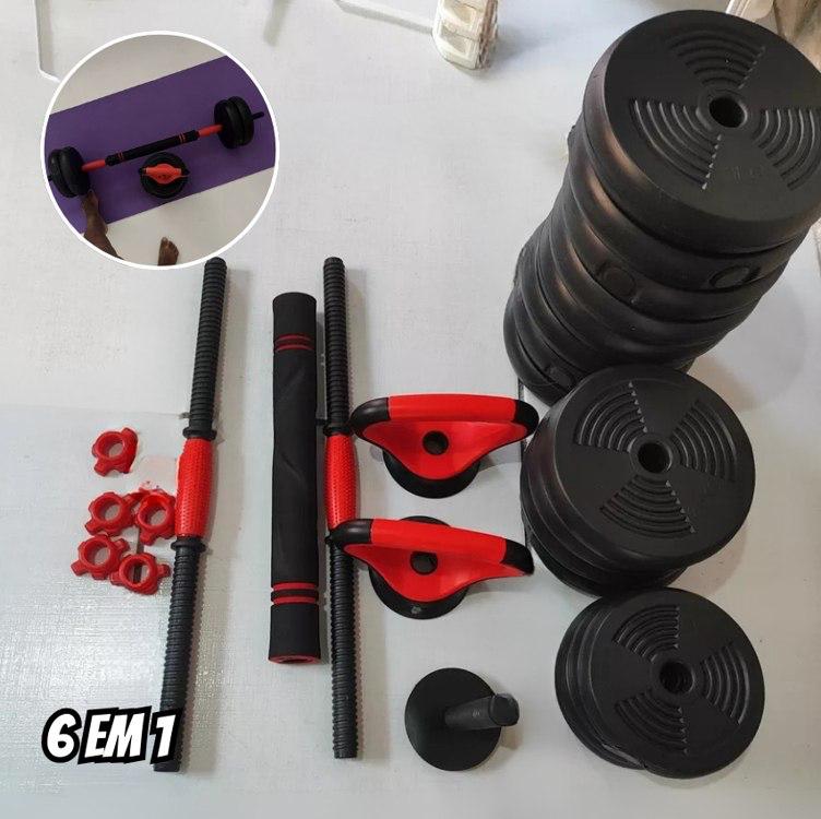 Kit Haltere 6 em 1 Ajustável até 15kg com Barra e Kettlebell