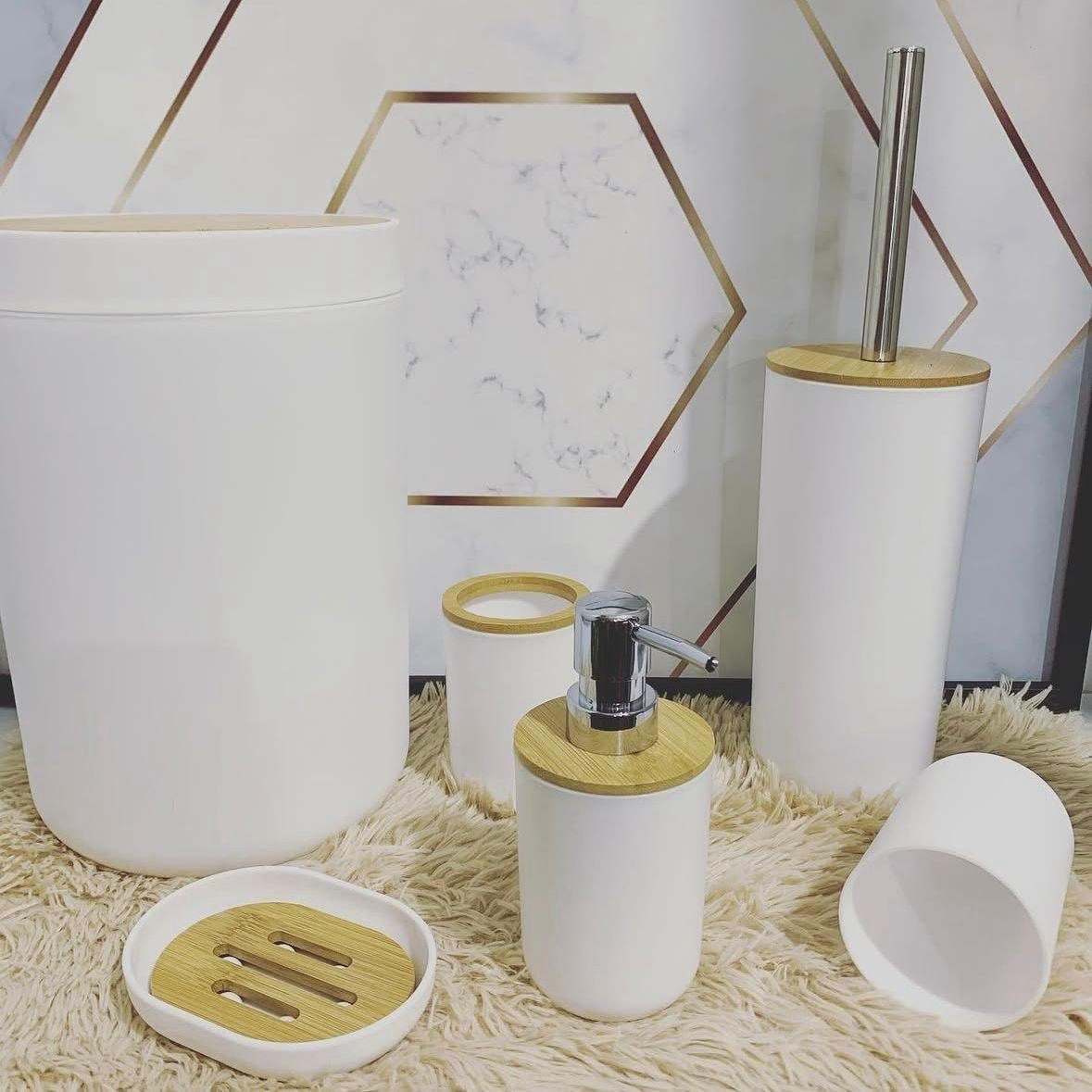 Kit Conjunto Banheiro 6 Peças Lixeira Com Tampa Bambu Plástico