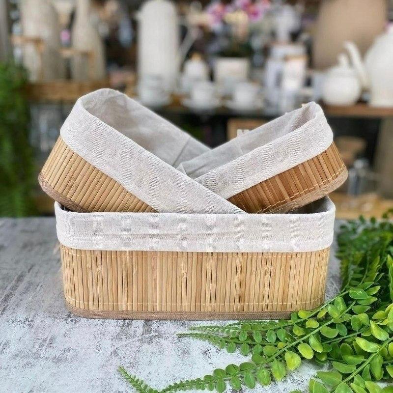 Kit 3 Cestos Organizador de Bambu Multiuso com Forro