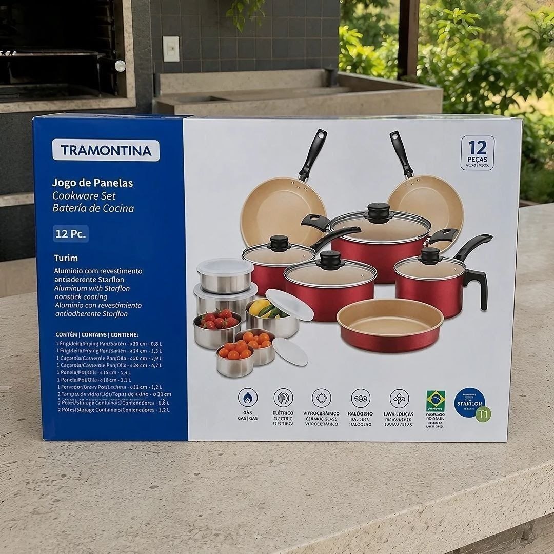 Jogo de Panelas Tramontina Turim 12 peças com Kit Tigelas Inox Vermelho