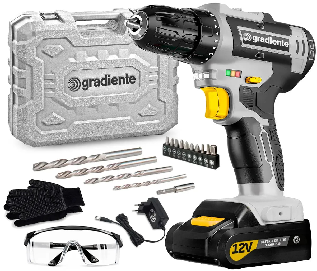 Parafusadeira Furadeira Sem Fio Gradiente 12V Bivolt com Maleta
