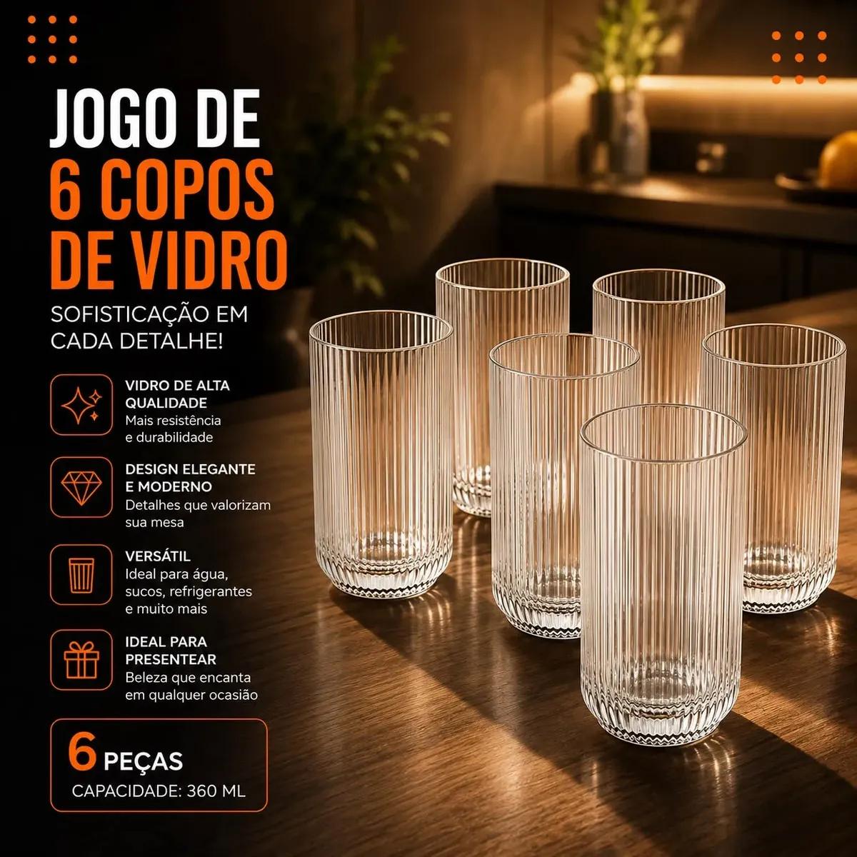 Jogo 6 Copos Vidro Canelado 423ml Moderno