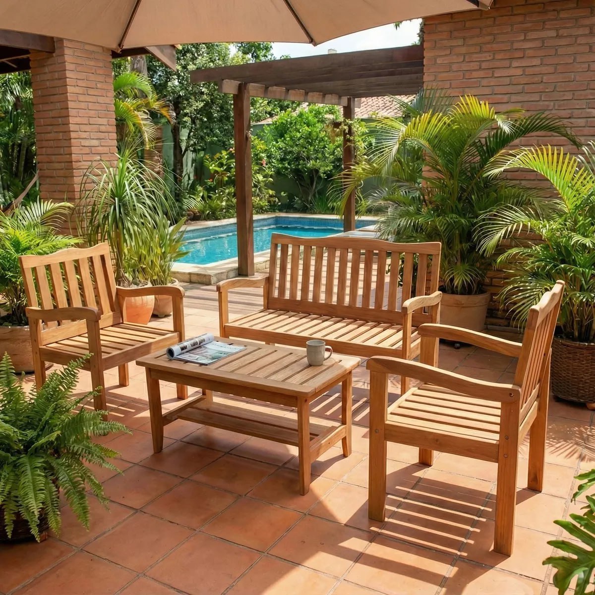 Conjunto Jardim Madeira Eucalipto 4 Peças Yescasa Mesa Centro