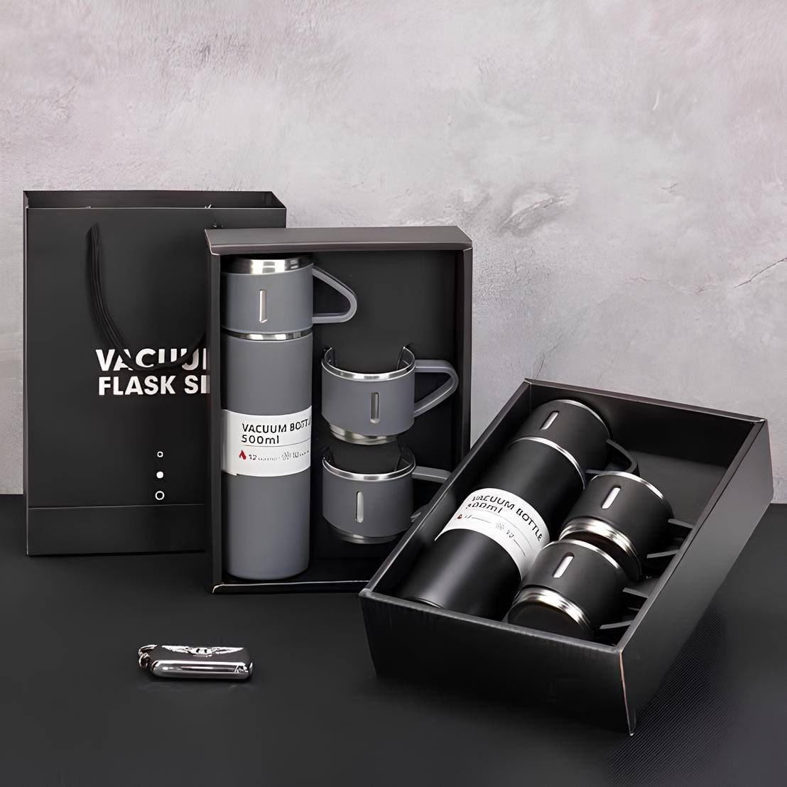 Kit Garrafa Térmica Vacuum Bottle Inox 500ml + 3 Xícaras