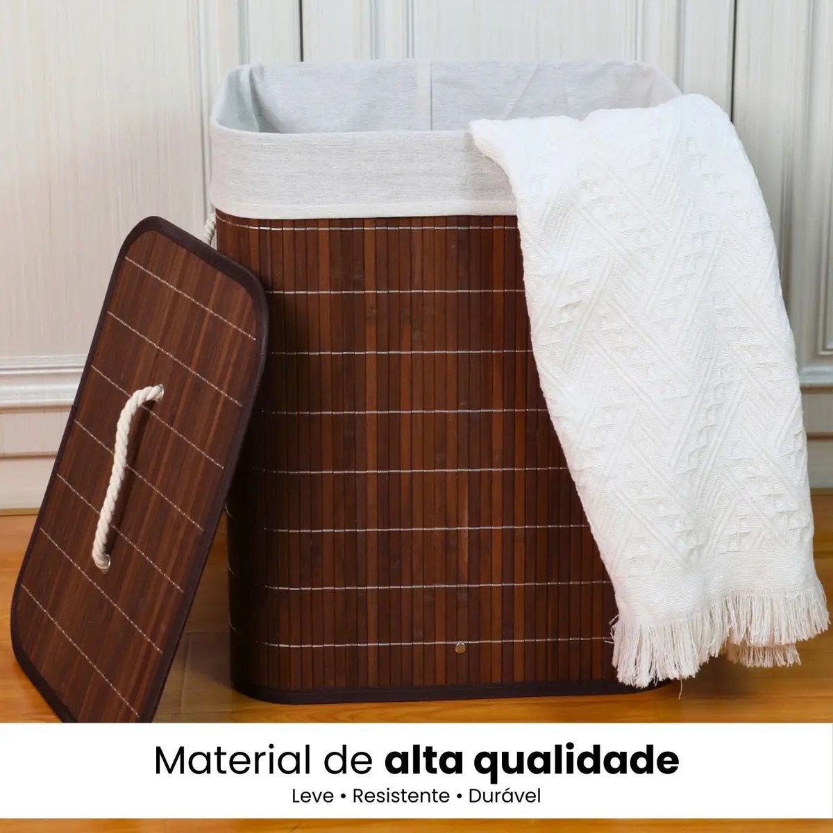 Cesto de Roupa Suja Bambu 50L com Tampa e Alças