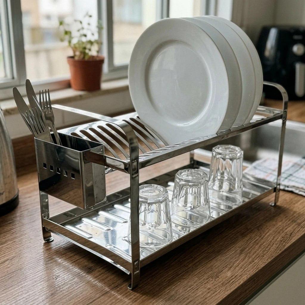 Escorredor de Louça Inox 20 Pratos 2 Andares com Porta Talheres