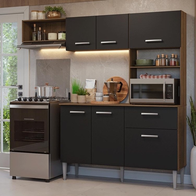 Armário de Cozinha Compacta 196cm Aura Madesa Rustic/Preto