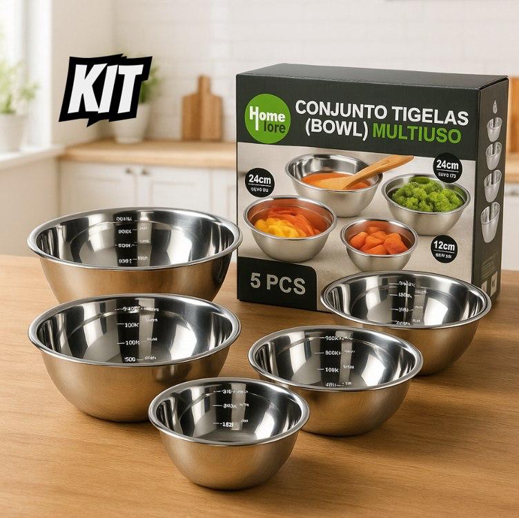 Kit 5 Tigelas Bowls em Aço Inox