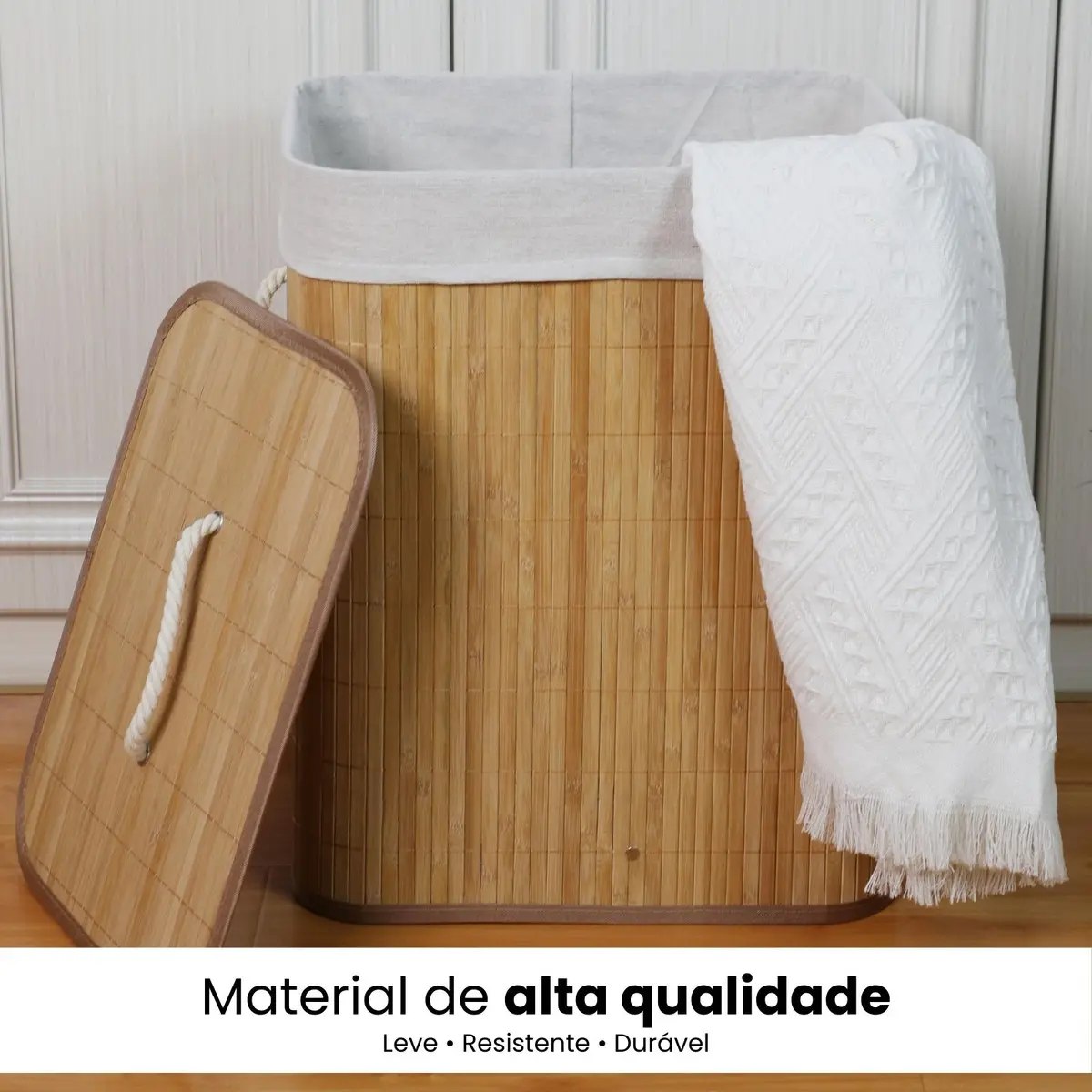 Cesto de Roupa Suja Bambu com Tampa e Alças 50L