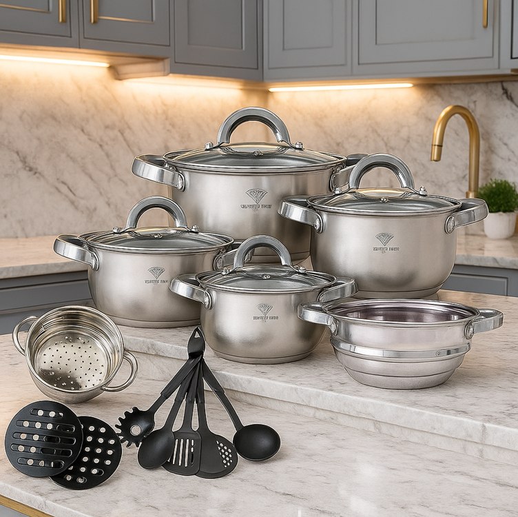 Jogo Panelas Inox 19 Peças Genebra com Utensílios
