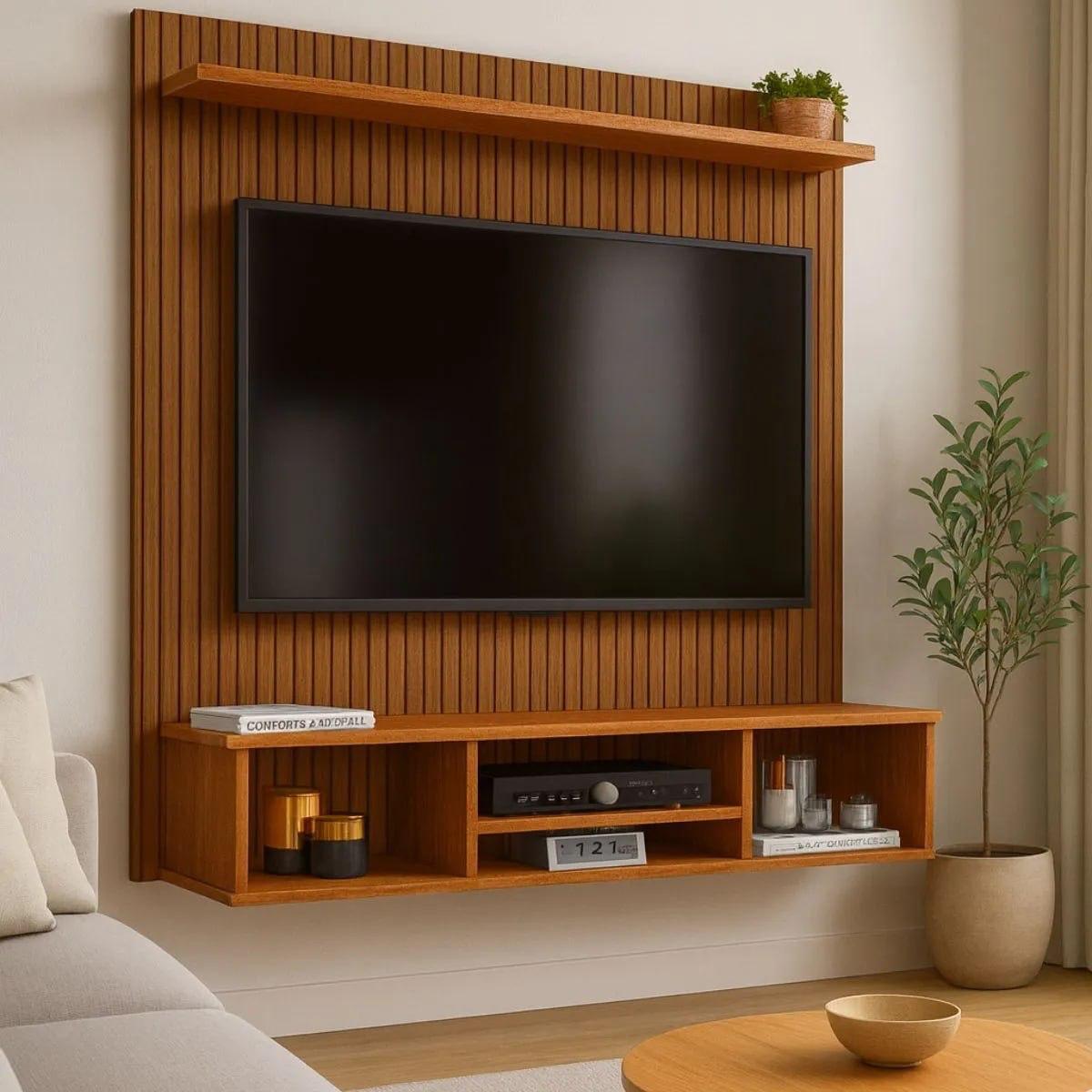 Painel Suspenso Everest TV Até 50" MDP Design Ripado 3 Nichos