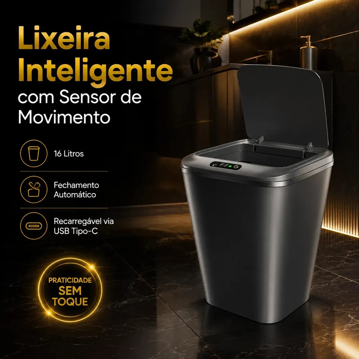 Lixeira Inteligente 16 Litros Quadrada com Sensor Automático