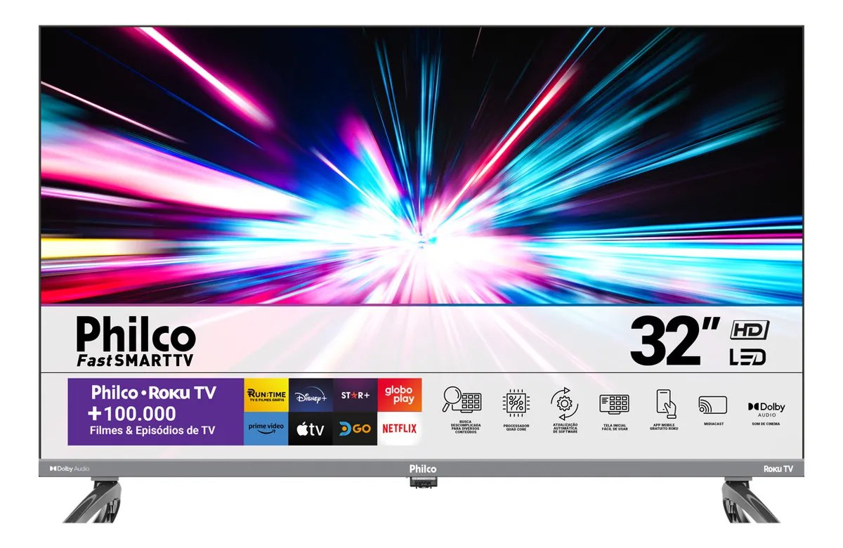 Smart TV 32" Philco Roku Dolby Audio HDR
