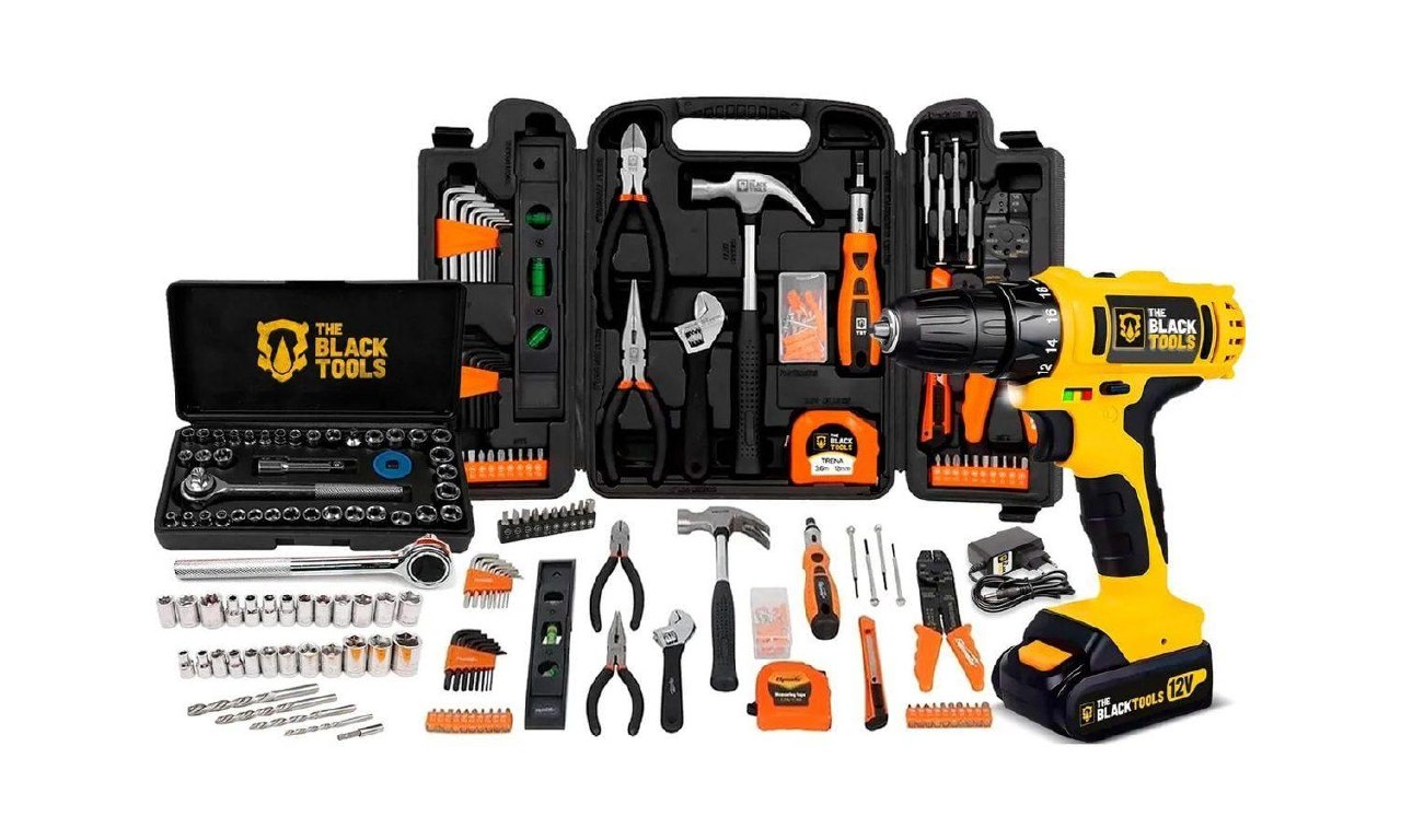 Jogo de Ferramentas 169 Peças com Furadeira Parafusadeira 12V The Black Tools