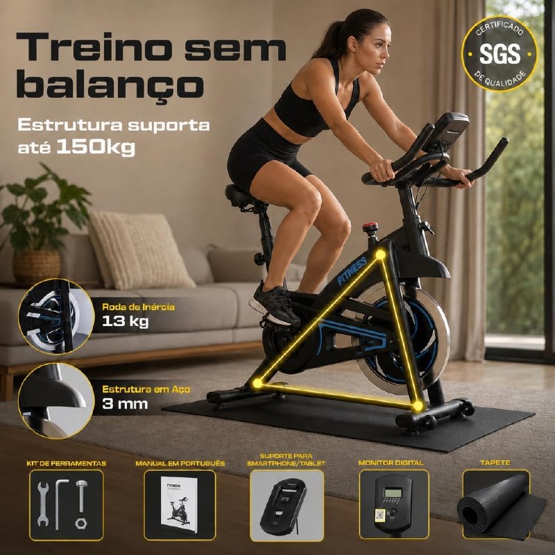 Bicicleta Spinning Ergométrica até 150kg com Sensor Cardíaco