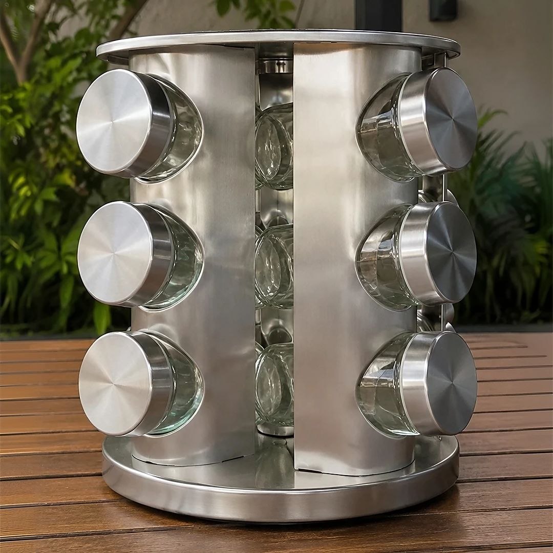 Porta Tempero Inox Giratório 12 Potes de Vidro 80ml