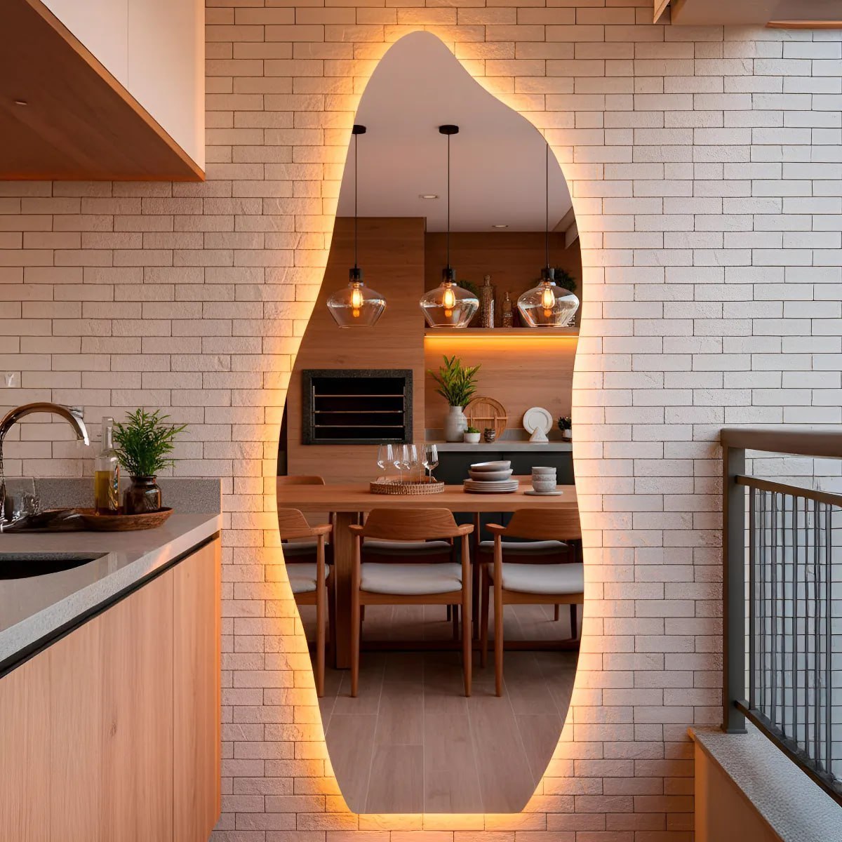 Espelho Orgânico com LED 150x50cm Moldura Flame LED Quente