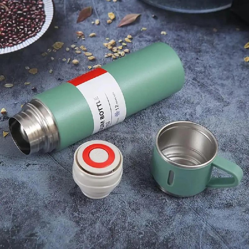Kit Garrafa Térmica Vacuum 500ml + Caneca + 3 Xícaras Inox