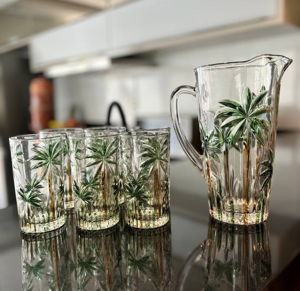 Conjunto Jarra com 6 Copos de Cristal Palm Tree Handpaint Wolff