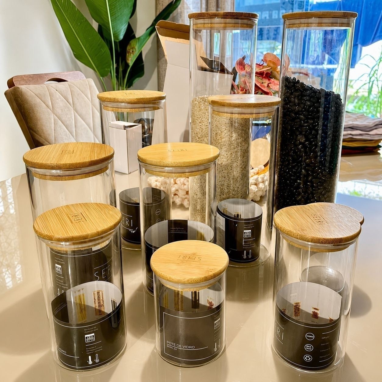 Kit 10 Potes Herméticos Vidro com Tampa Bambu Seiri