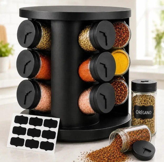 Porta Temperos de Vidro Base Giratória 9 Unidades 90ml Preto