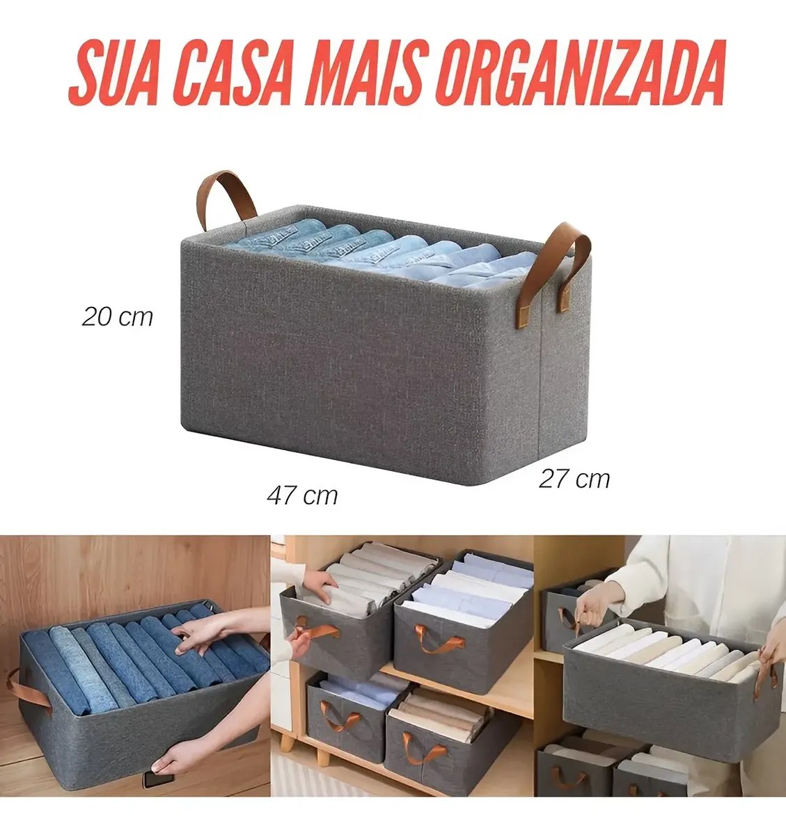 Kit 4 Caixas Organizadora Dobrável Cinza