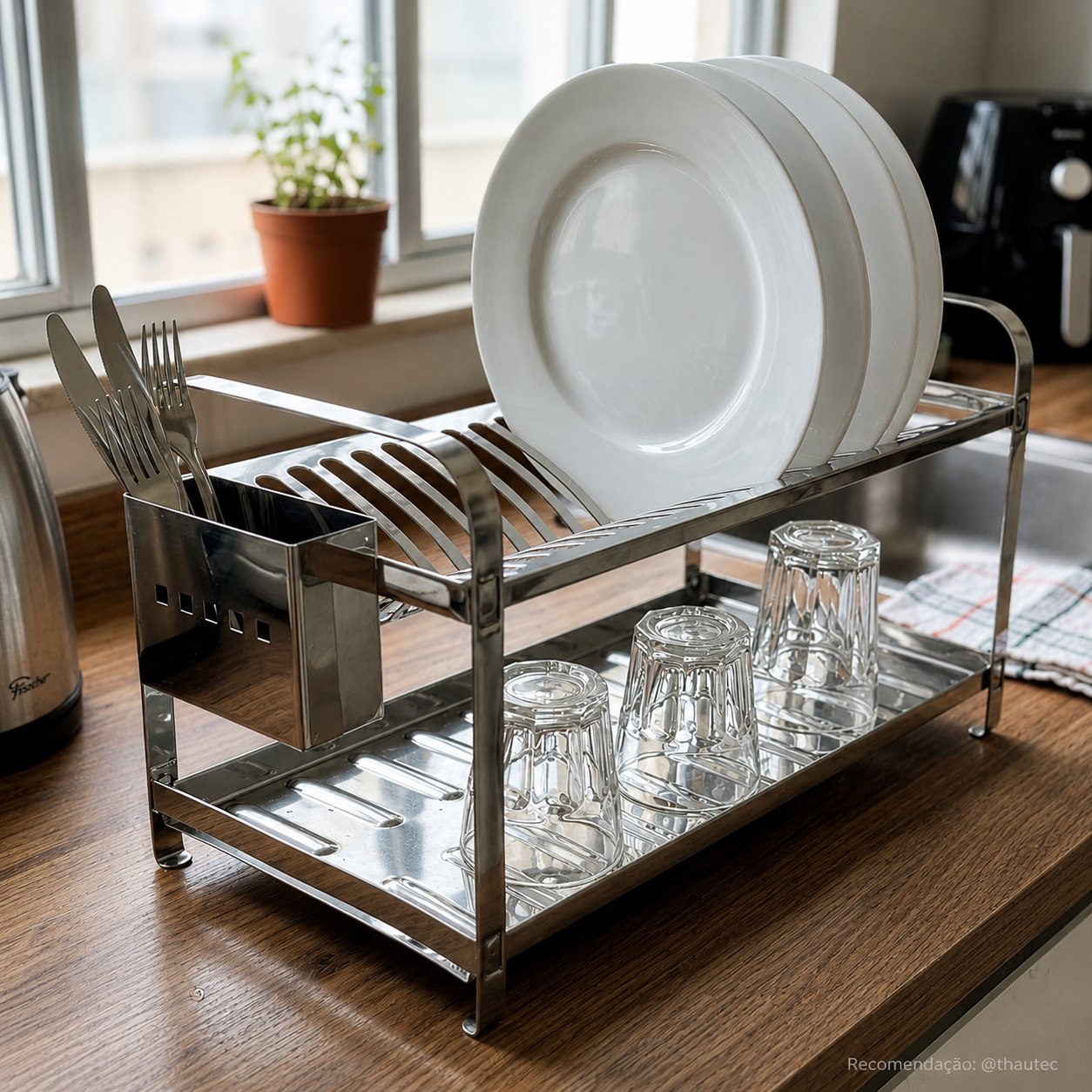 Escorredor de Louça Inox 20 Pratos 2 Andares com Porta Talheres