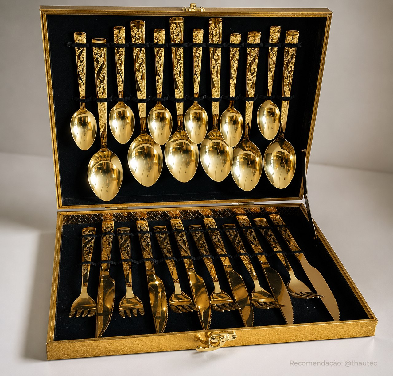 Kit Faqueiro Dourado Luxo 24 Peças Inox com Maleta