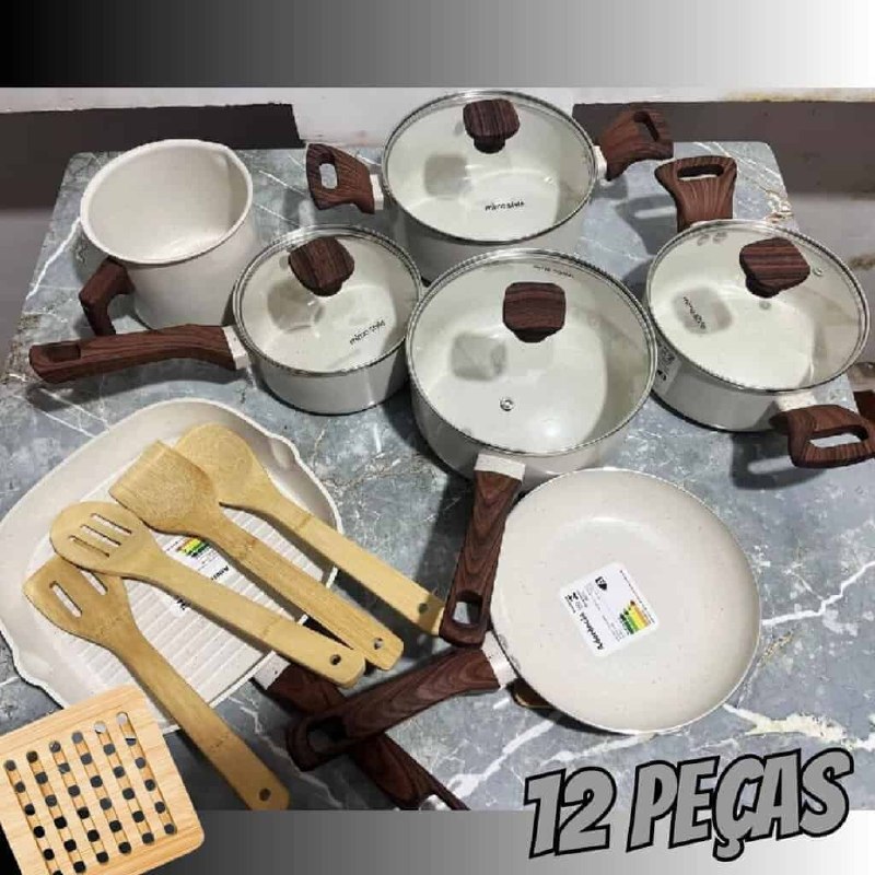 Jogo de Panelas Indução Mimo Cerâmica 12 Peças Mármol com Utensílios