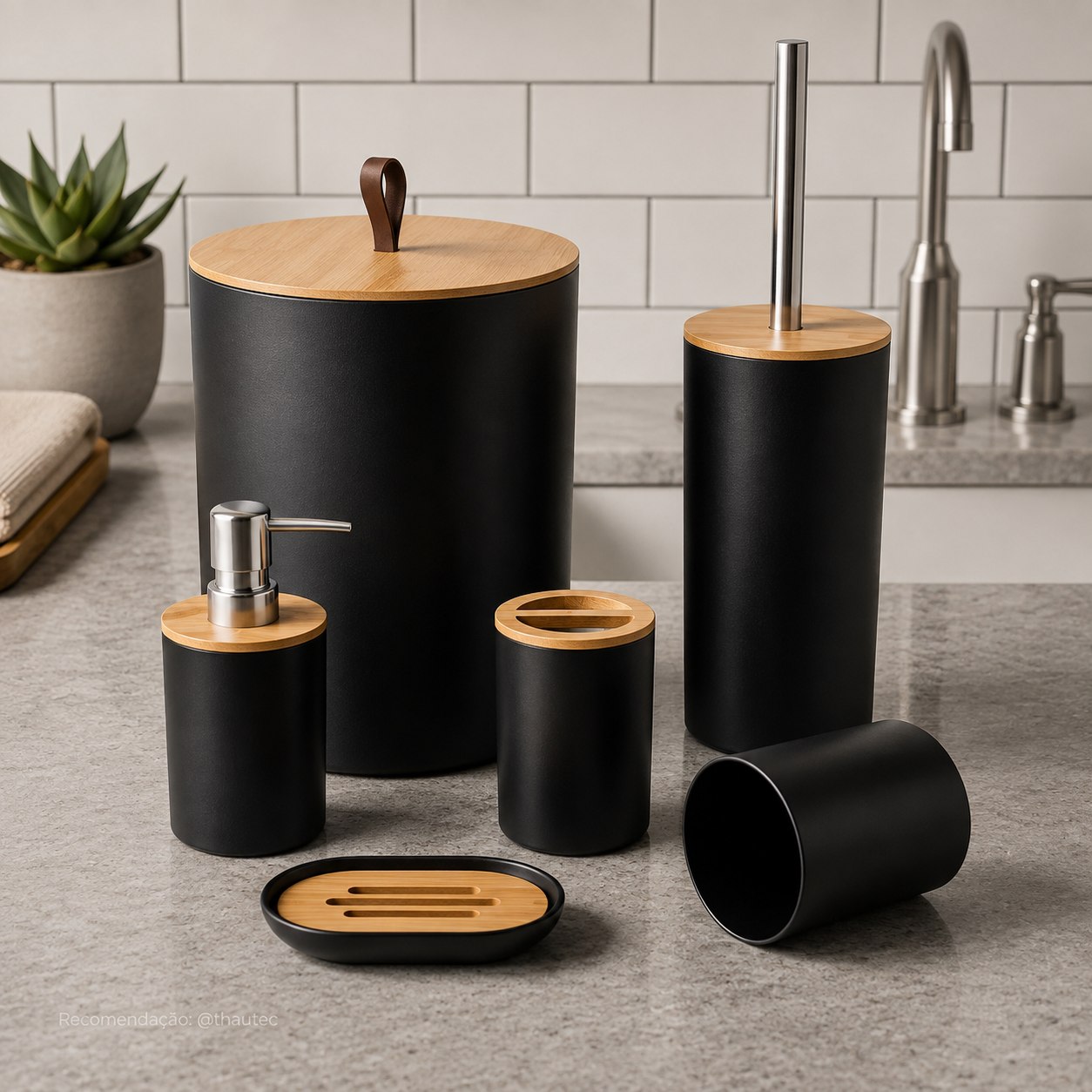 Kit Acessórios Banheiro 6 Peças Lixeira Escova Dispenser